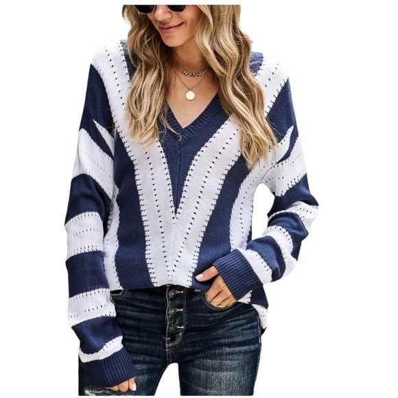 BLUE WHITE STRIPED COLOR BLOCK V NECK KNITTED SWEATER LARGE - Picture 3 of 8